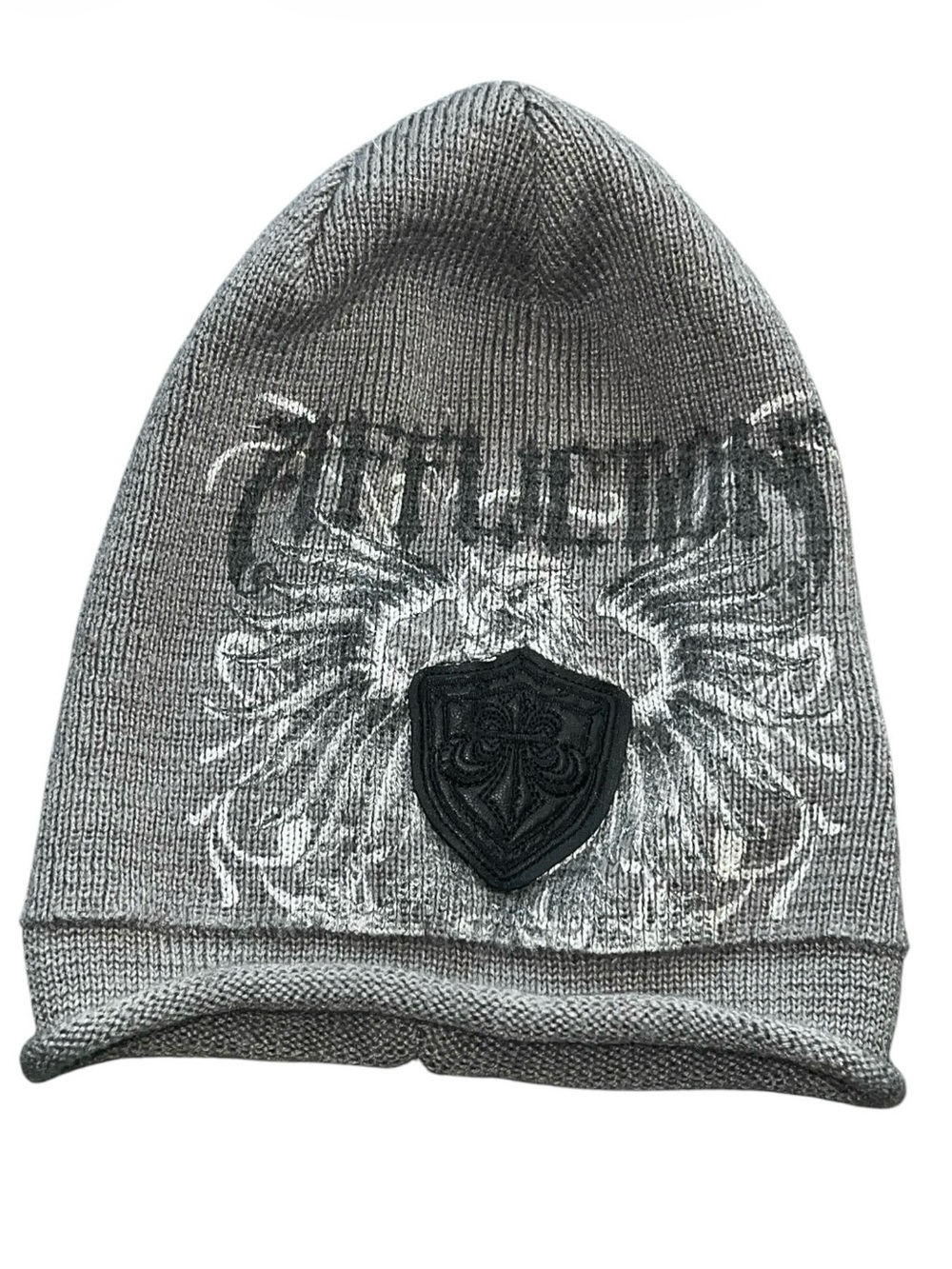 Affliction Gray Graphic Knit Beanie with Fleur Di Lis Emblem
